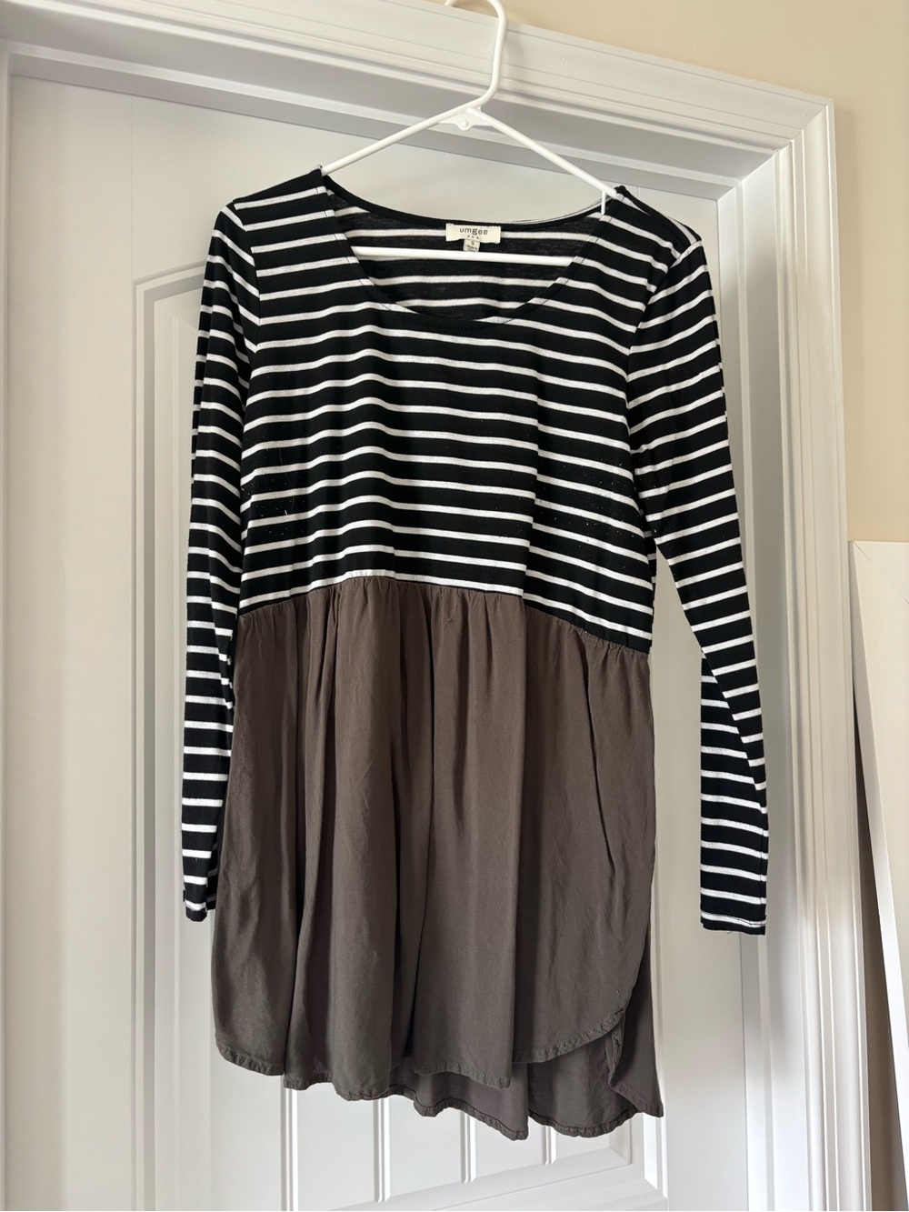 Striped Black & White Top with Green Flowy Skirt Panel